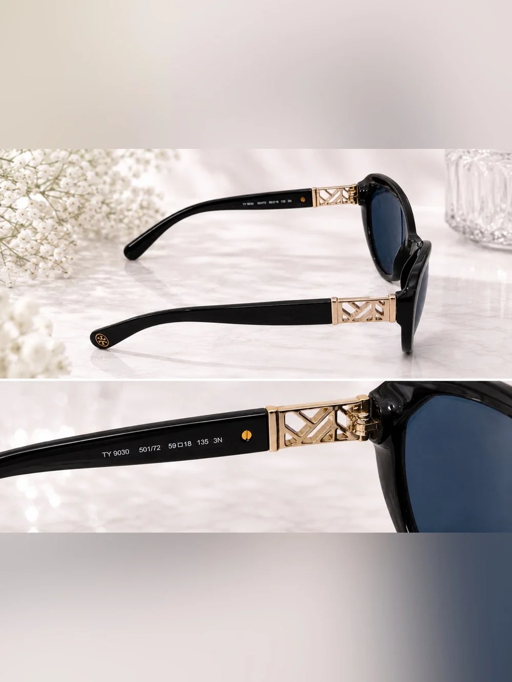Tory Burch TY 9030 designer  Cat eye Black Sunglasses with Gold Accents